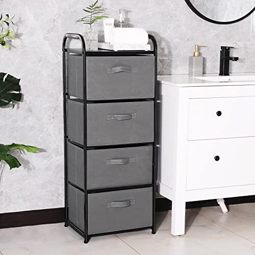 4 Drawer Fabric Dresser Tall Storage Tower, Dresser Chest with Wood Top, Grey3 - Picture 5 of 6
