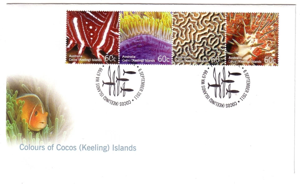 2011 FDC set of 3. Cocos (Keeling) Islands Colours. "Fish" Pictorial PMK — 第 2/3 张图片