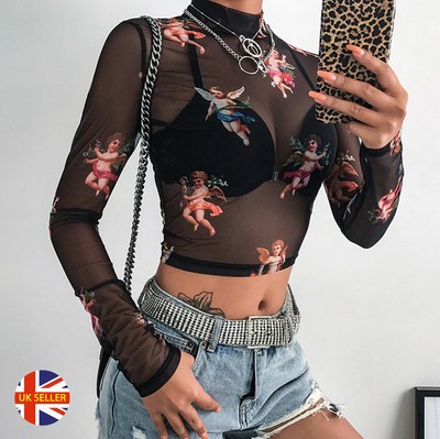 Sheer Mesh Angel Crop Polo Top T-Shirt 