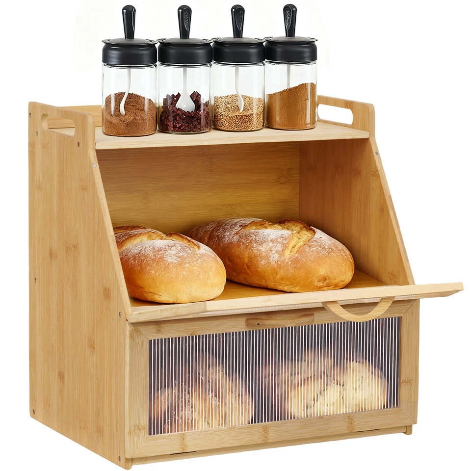 Bambus Brotkasten mit Belüftung,Großer Brotbox, 2 Etagen und Sichtfenster - Bild 2 von 4