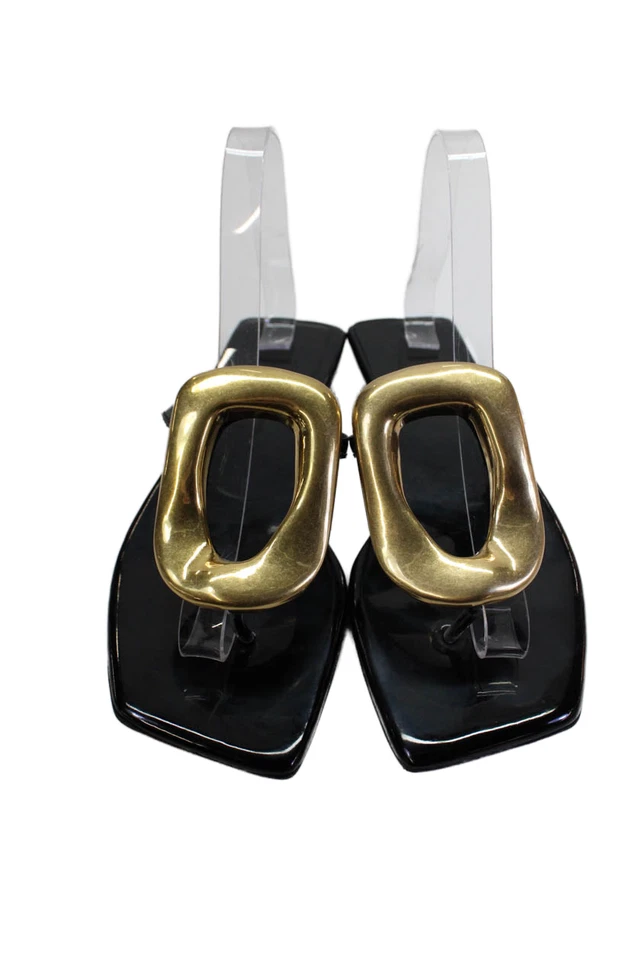 Sandalias Jeffrey Campbell para mujer con correa de tanga tono dorado herrajes negras talla 7 Foto 2 de 4