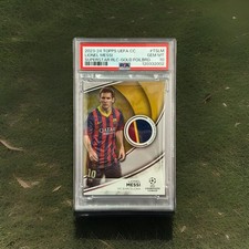 2023-24 Topps UEFA UCC Lionel Messi Player Worn 3-Color Patch Gold /50 PSA 10
