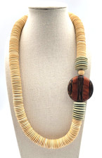 Vintage Boho Chunky Wood Disc Necklace Side Pendant 22" Earth Tones Statement