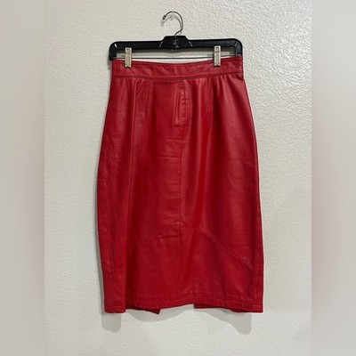 Vintage Pelle Cuir Women's Red Leather Midi Skirt Sz 8 Pencil Skirt 80's Chic