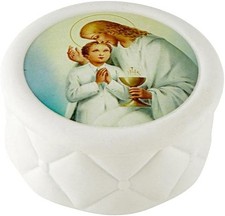 Porcelain Catholic Jewelry Box First Communion Rosary Case for Boys 2.75 Inches