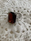 Vintage Silver Ring Large Garnet Emerald-Cut Stone Prong Setting