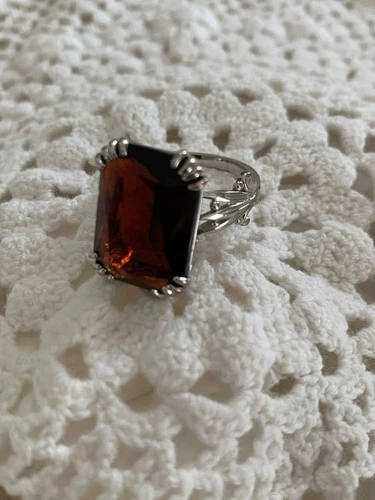 Vintage Silver Ring Large Garnet Emerald-Cut Stone Prong Setting