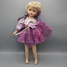 Vintage Porcelain Girl Doll 16" Tall, Purple Outfit, Blue Eyes, Blonde Hair
