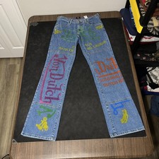 Vintage Von Dutch Jeans Juniors 7 Blue Multicolor Allover Logo Graphic Flare Y2K