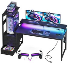 59 Inch Gaming Desk with USB Charging Ports  LED Light - Reversible Computer...