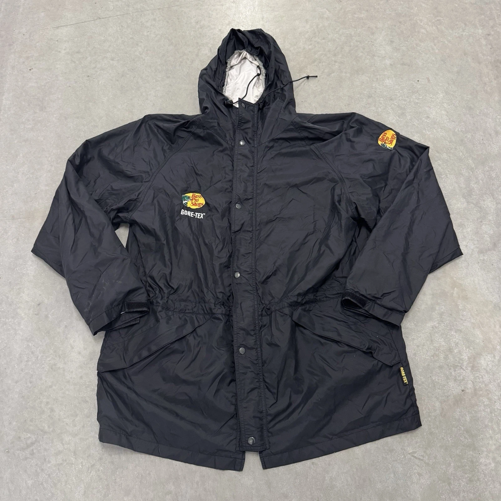 Vintage Bass Pro Shops Gore-Tex Jacket XL Black Rain Coat Fishing Waterproof