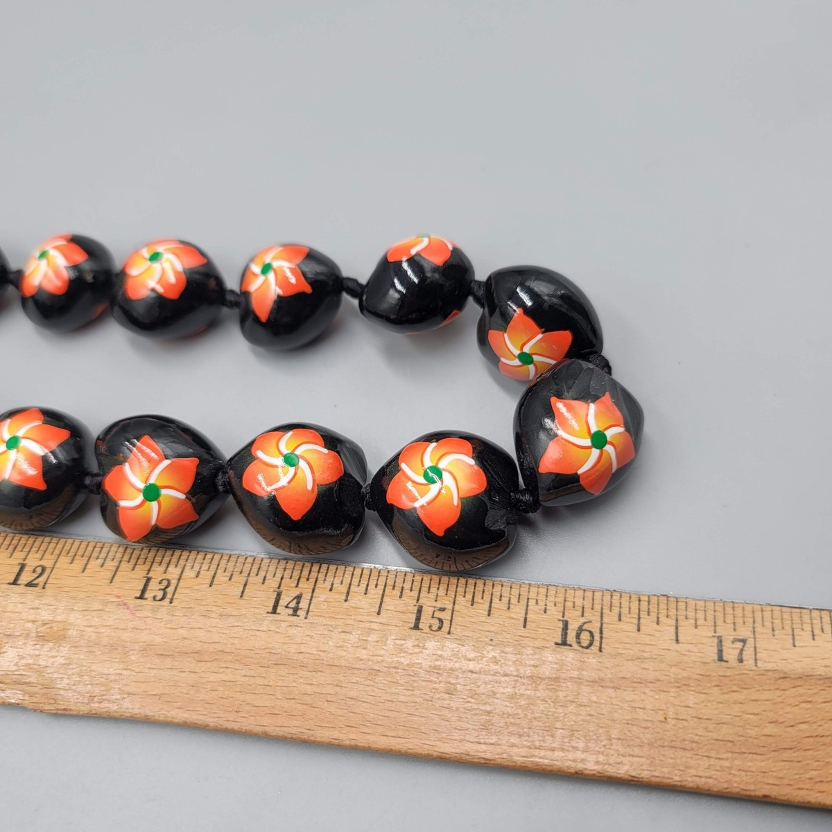 Kukui Nut Lei Hawaii Necklace Hand Painted Orange Hibiscus Flower