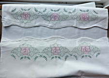 Vintage Bolster Pillow Case Uncut HAND EMBROIDERED SCALLOPED EDGING 21"x62"