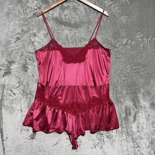 Vtg Maidenform Satin Lace Teddy Bodysuit Womens Sz L Red USA ILGWU 80s Romantic