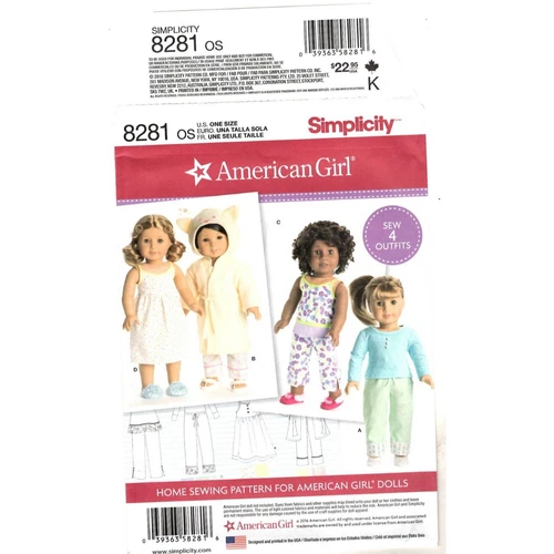 Simplicity 8281 OS American Girl Doll Clothes 4 Outfits Pajamas Pattern Uncut