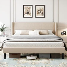 Upholstered Queen Bed Frame with Wingback Headboard Velvet Upholstery Platform