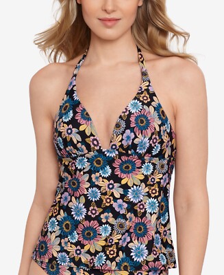 Salt + Cove Women's In Full Bloom V-Neck Tankini Top Black Multi Size S