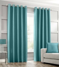 Luxury Plain Faux Silk Ready Made Lined Eyelet Ring Top Curtains Black Silver