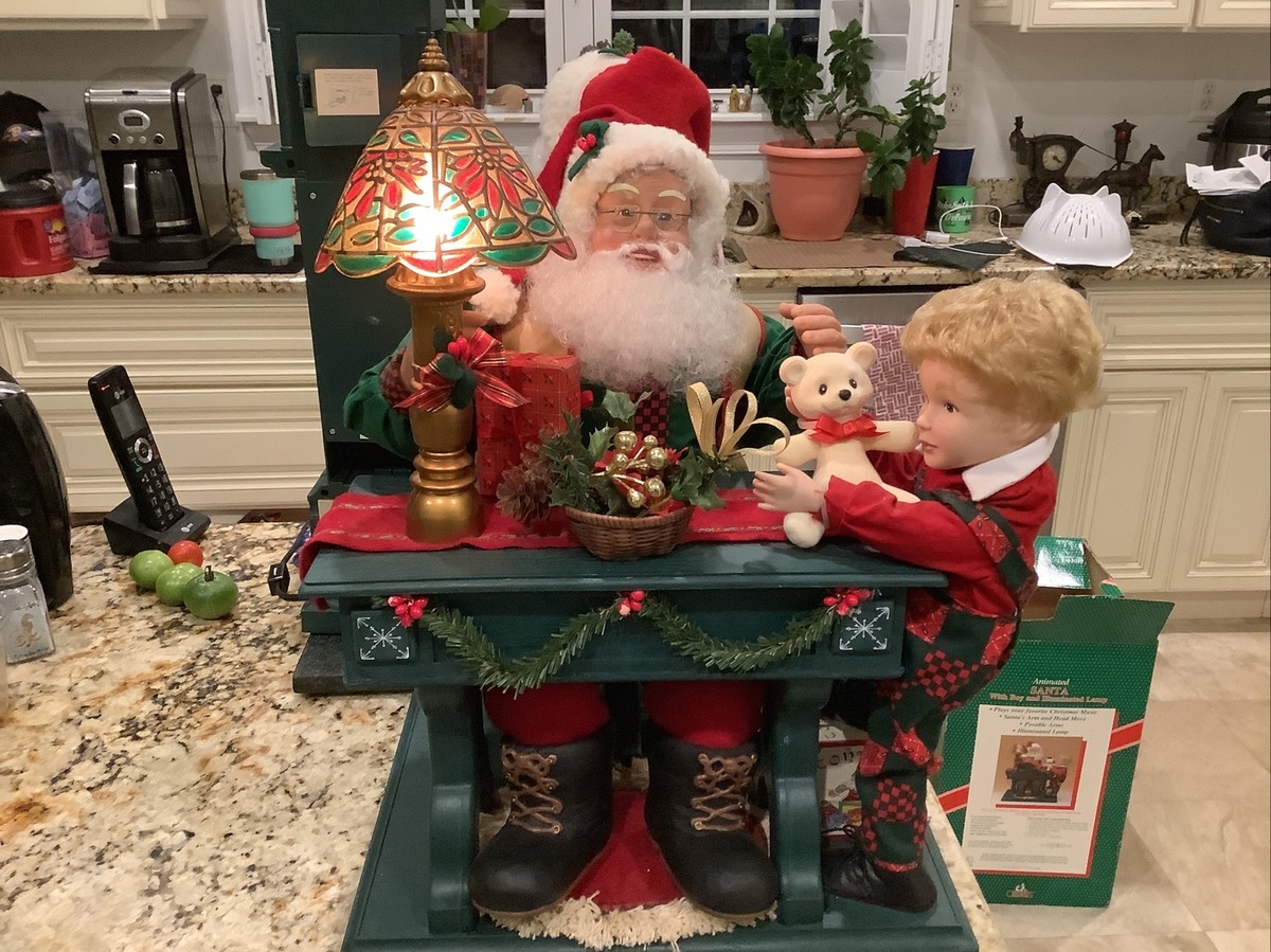 Vintage Holiday Christmas Animated Santa With Boy And Illuminated