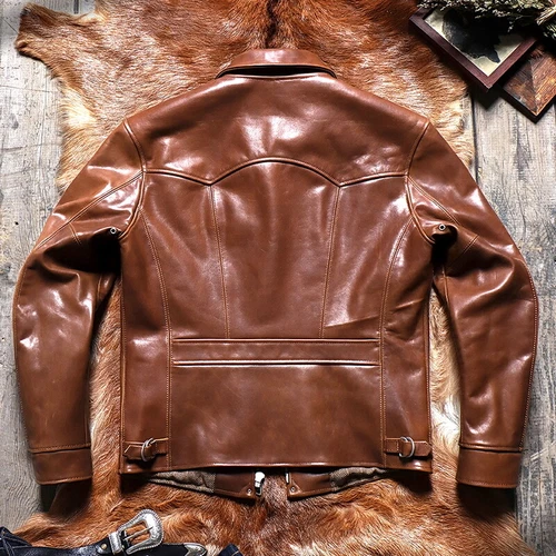 Chaqueta de motociclista retro informal americana estilo vintage de cuero de caballo encerado para hombre - Imagen 4 de 15