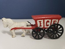 VINTAGE RED CAST IRON WHITE DRAFT HORSE DRAWN TOY ICE CART - 7" LONG