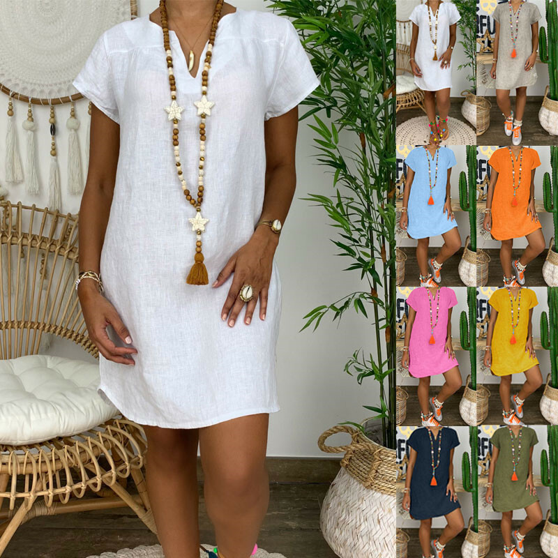 ladies summer tunic dresses Womens V Neck Solid Dress Casual Loose Mini Dress Plus Size Sheer Embroidered Bodice