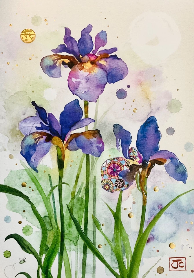Bug Art ~ Purple Irises Embossed Jewel Effect Blank Greeting Card Birthday