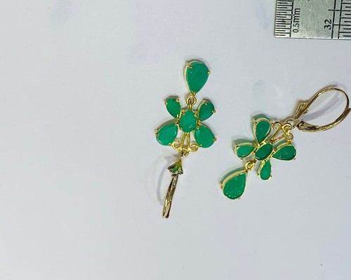 14k Solid Gold Butterfly Dangle LeverBack Earring Emerald 5.44CT 2.50GM - Picture 5 of 10