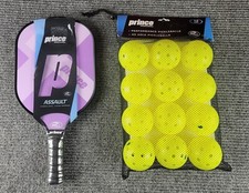 Prince Pickleball Attack Fiberglass Paddle W/ 12 Prince 40 Hole Pickleballs New