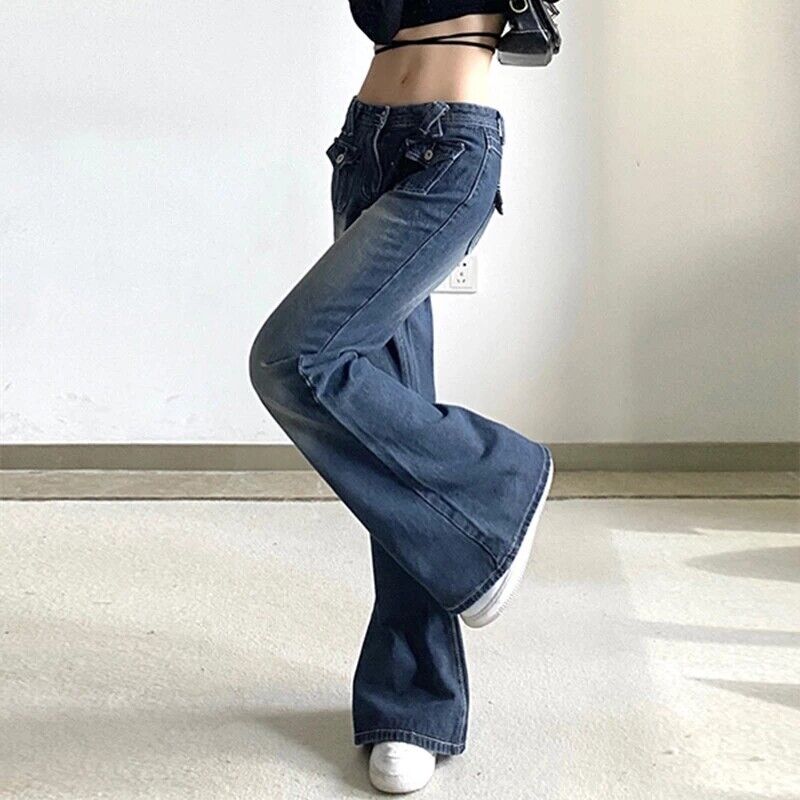 Women Low Waist Flare Jeans 90s Vintage Straight Denim Pants