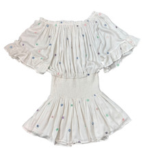 Surf Gypsy Smocked Waist Star Embroidered Mini Dress Medium White Flowy Ruffle