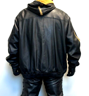 Sean John Black with Beige Stripe All Leather Hoodie Jacket Size