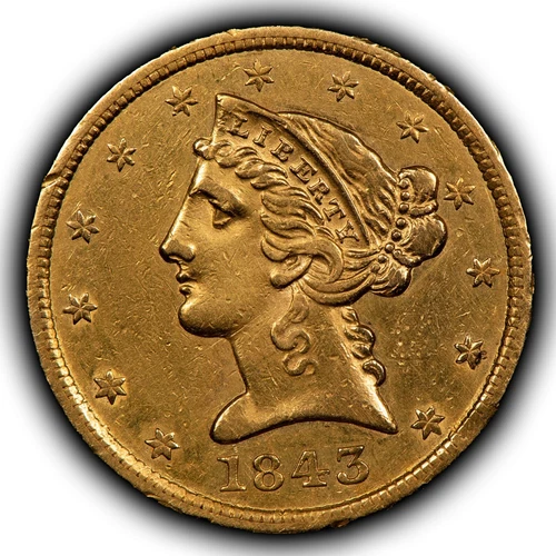 1843 G$5 Liberty Head Gold Half Eagle - Low Mintage - AU - SKU-G5190
