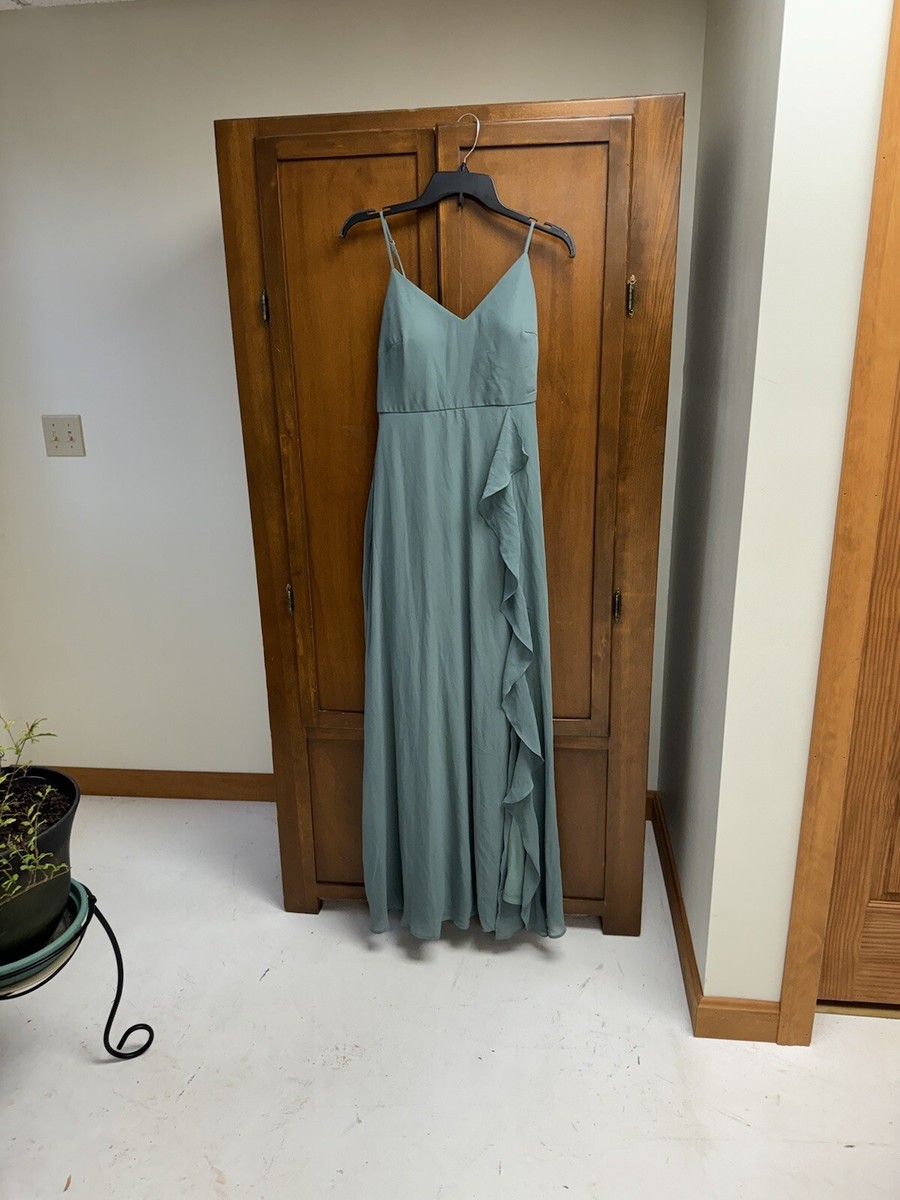 birdy grey sea glass dress used Birdy Grey Theresa sea glass chiffon gown bridesmaid dress SM 30in slit  pockets
