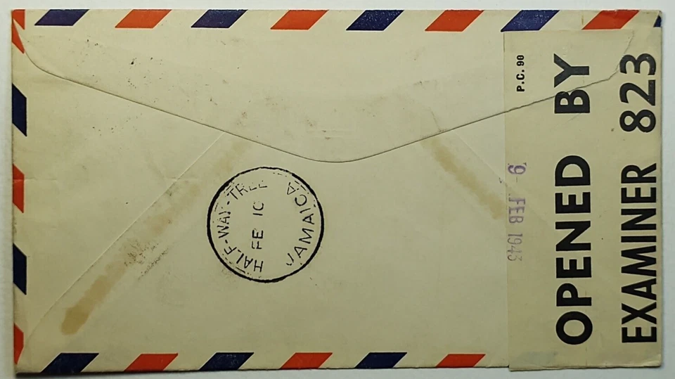 1942 USA WWII Censored Airmail Cover Pocahontas VI to Halfwaytree Jamaica - Image 2 of 2