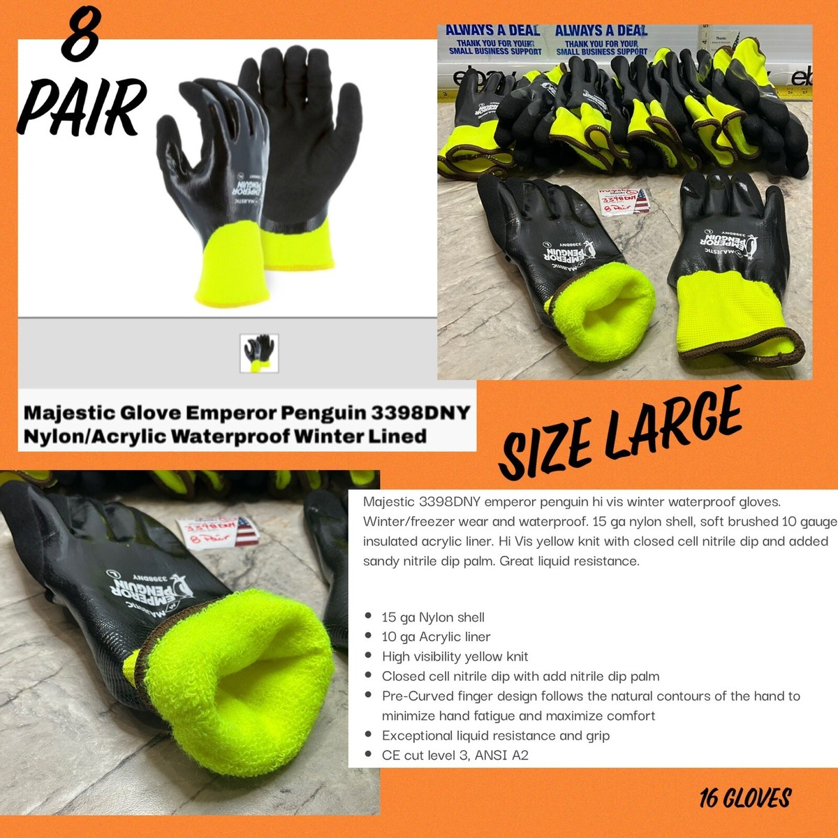 Majestic Glove Emperor Penguin 3398DNY L Waterproof Winter Lined