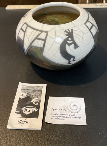 Len Hughes Studio 400 West Raku Fired Pottery Vessel Southwest Kokopelli Signed