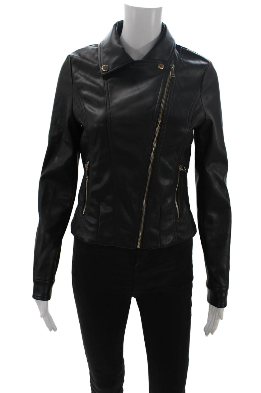 Bebe Women Biker Motorcycle Jacket Black PU Collared Button Long Sleeve Size SFree Shipping in US $100+ Orders | $6.95 Orders Below