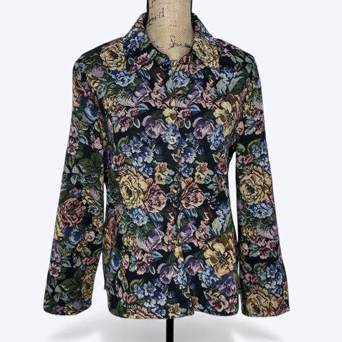 Lemon Grass Floral Tapestry Blazer Jacket Womens L Vintage 90s Cottage Grandma