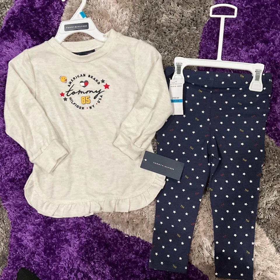 New Girl’s 2pc Cream and Blue  Tommy Hilfiger Top and Pants set  Size 24 months - Image 2 of 4