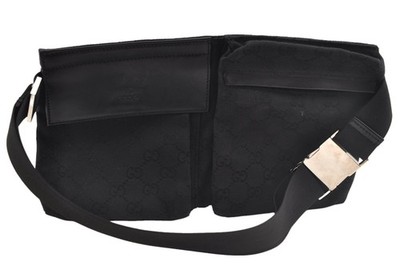 Authentic GUCCI Waist Body Bag Purse GG Canvas Leather 28566 Black AB538