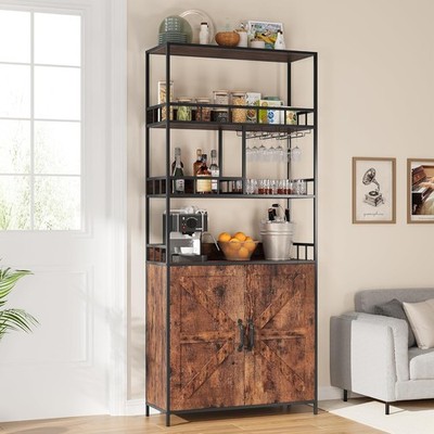 Multifunctional 71'' Wine Bar Rack W/ Storage Cabinet Baskets & Hooks for Kitchen