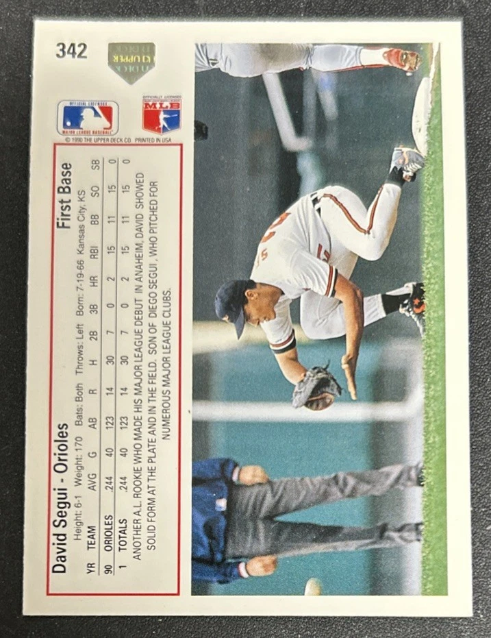 Tarjeta de béisbol 1991 Upper Deck David Segui segundo año #342 Orioles en muy buen estado buen estado Foto 2 de 2