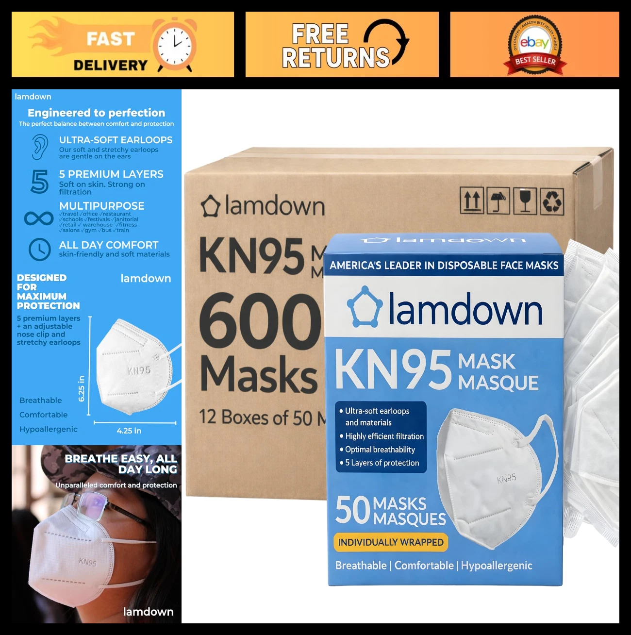 600-Pack KN95 Face Masks Individually Wrapped, Premium Disposable Dust Masks, Wh