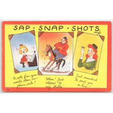 Postcard SAP SNAP SHOTS Humor Linen Era Comic 1940s Pretty Girl
