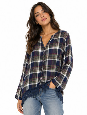 cb established 1962 Top Blouse Plaid w/ Lace Button Front Tabbed Sleeves XL
