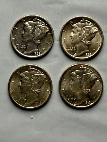 Lot of 4 Mercury Dimes - EF-AU Superb Clarity & Luster 1936S 1938D 1939D 1940