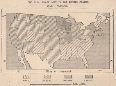 Schwarze Zone in den USA & Bevölkerung. USA 1885 alte antike Kartenkarte