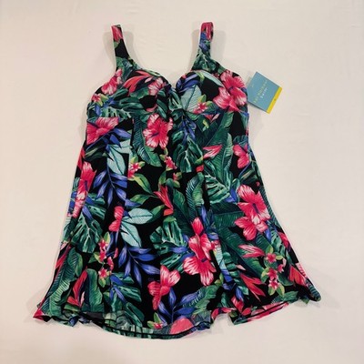 Bal Harbour Tropical Floral Swimdress Women Size 14 Black Pink Tropical