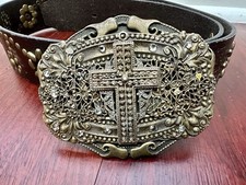 Ornate Western Belt Buckle Women's OOAK Rhinestone Pewter Silver Still Vintage